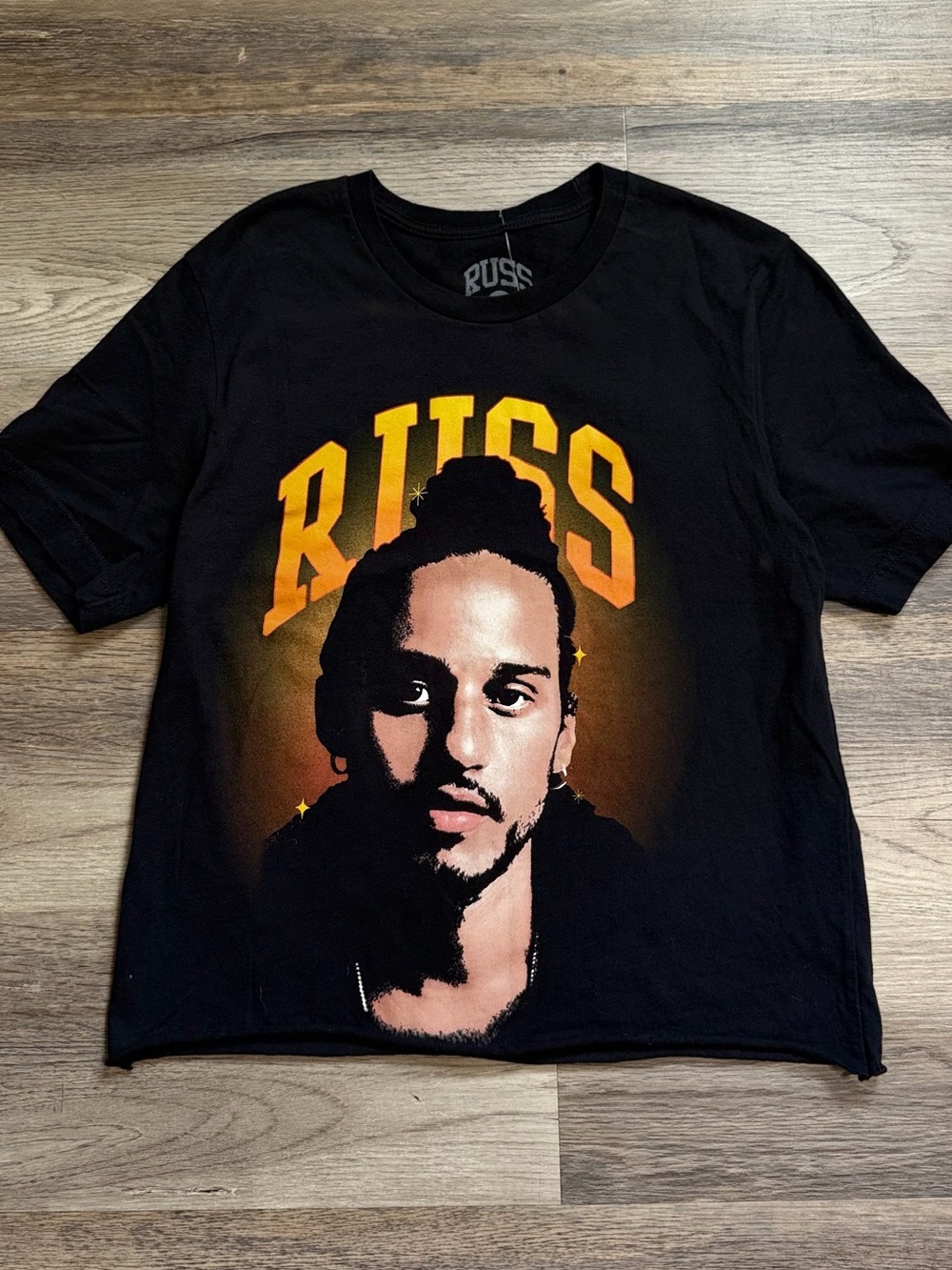 Russ Black Short Sleeve Tee with Yellow and Orange Portrait Graphic